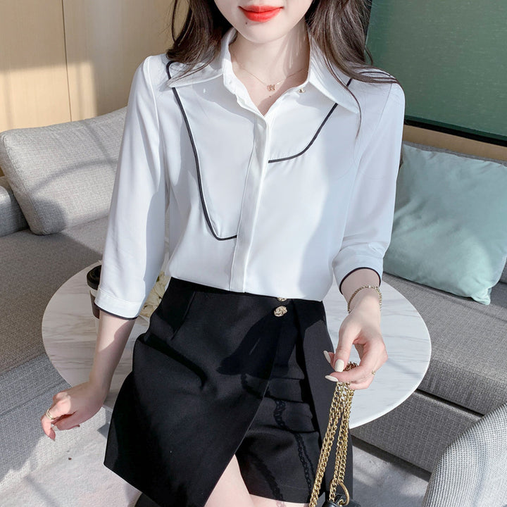 Damen Bluse mit kontrastierenden Paspelierung und klassischem Kragen Drune