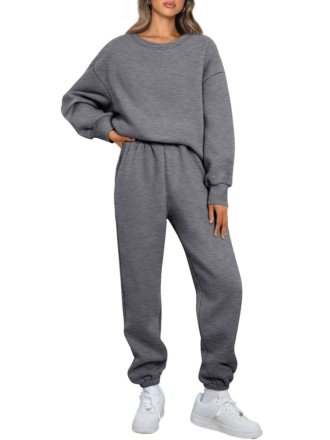 Damen nan zweiteiliges Comfort-Loungewear-Set mit oversized Rundhals, hochgeschnittener Jogginghose und elastischem Knöchelbund Drune