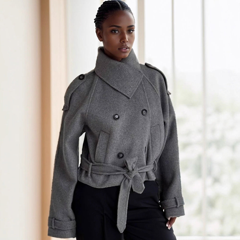 Damen modische Oversized-Wolljacke mit hohem Kragen und Gürtel Drune