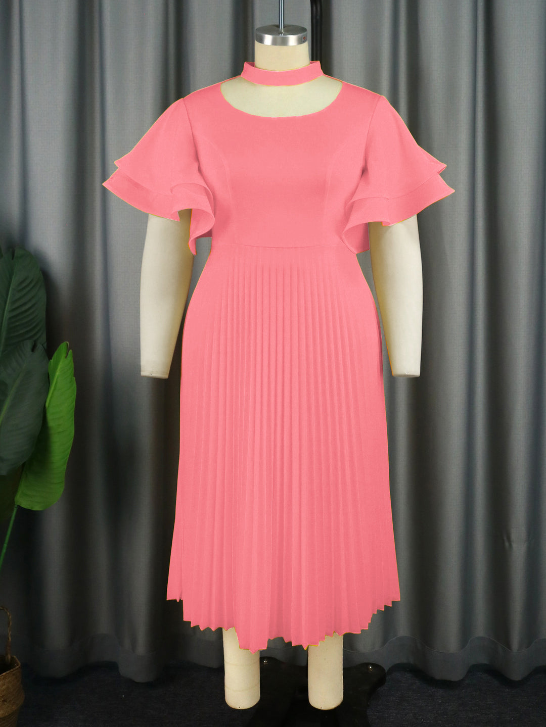 Damen Plissee Maxikleid mit Choker und voluminösen Ärmeln Drune