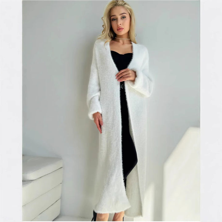 Damen Langer Flauschiger Cardigan mit offenem Schnitt und überschnittenen Ärmeln Drune