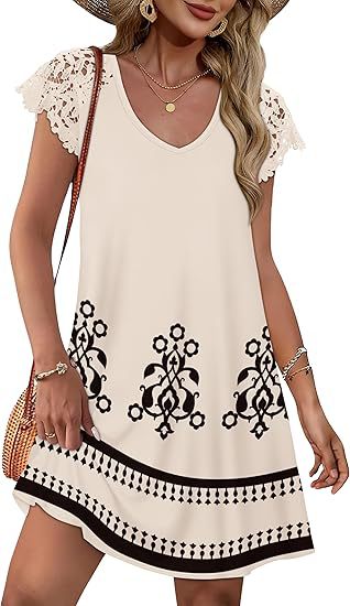 Damen Sommerkleid mit eleganten Spitzenärmeln und floralem Muster Drune