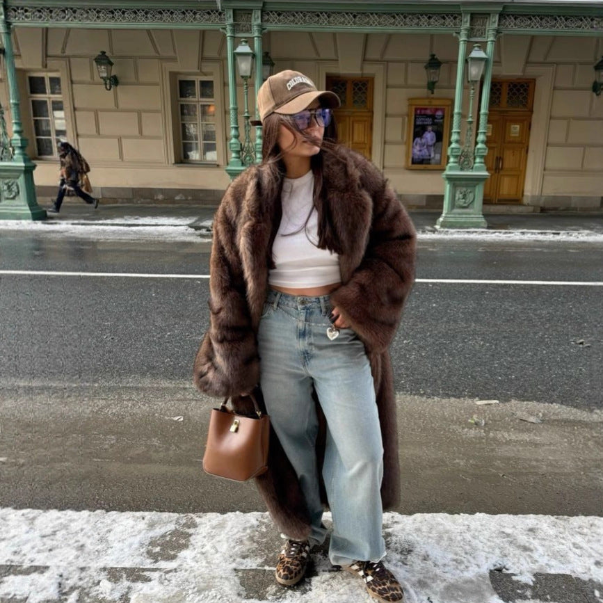 Damen Eleganter Kunstfell Laufstegmantel Drune