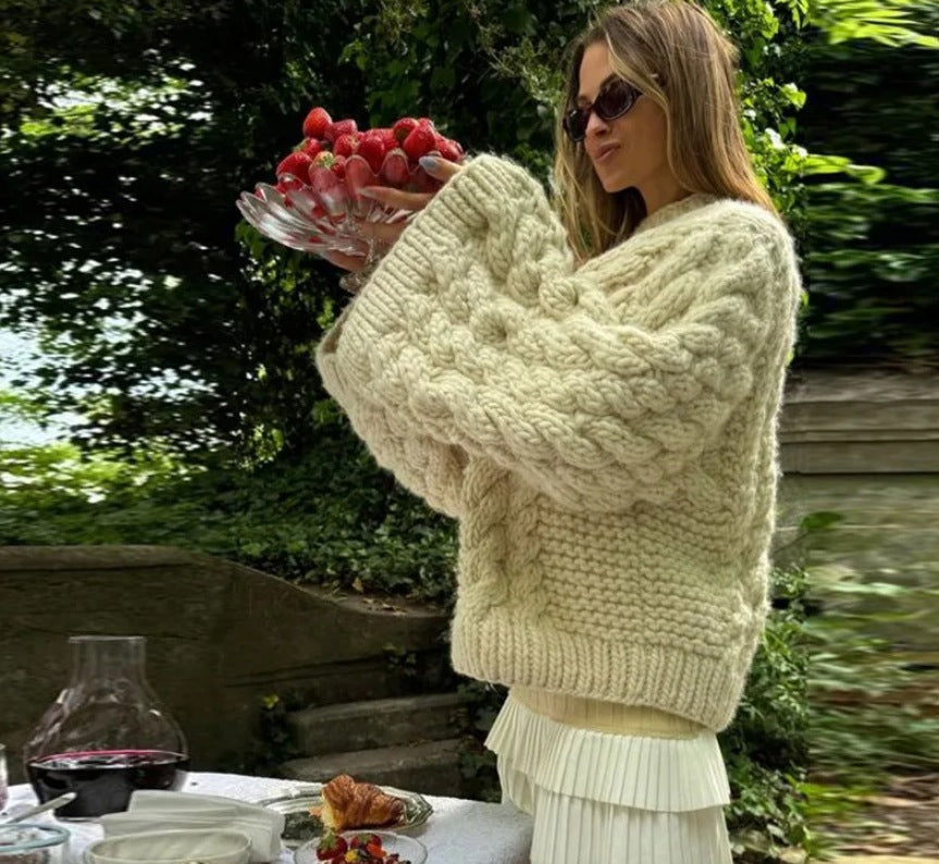 Damen oversize Strickpullover mit Zopfstrickmuster Drune