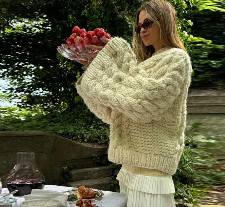 Damen oversize Strickpullover mit Zopfstrickmuster Drune
