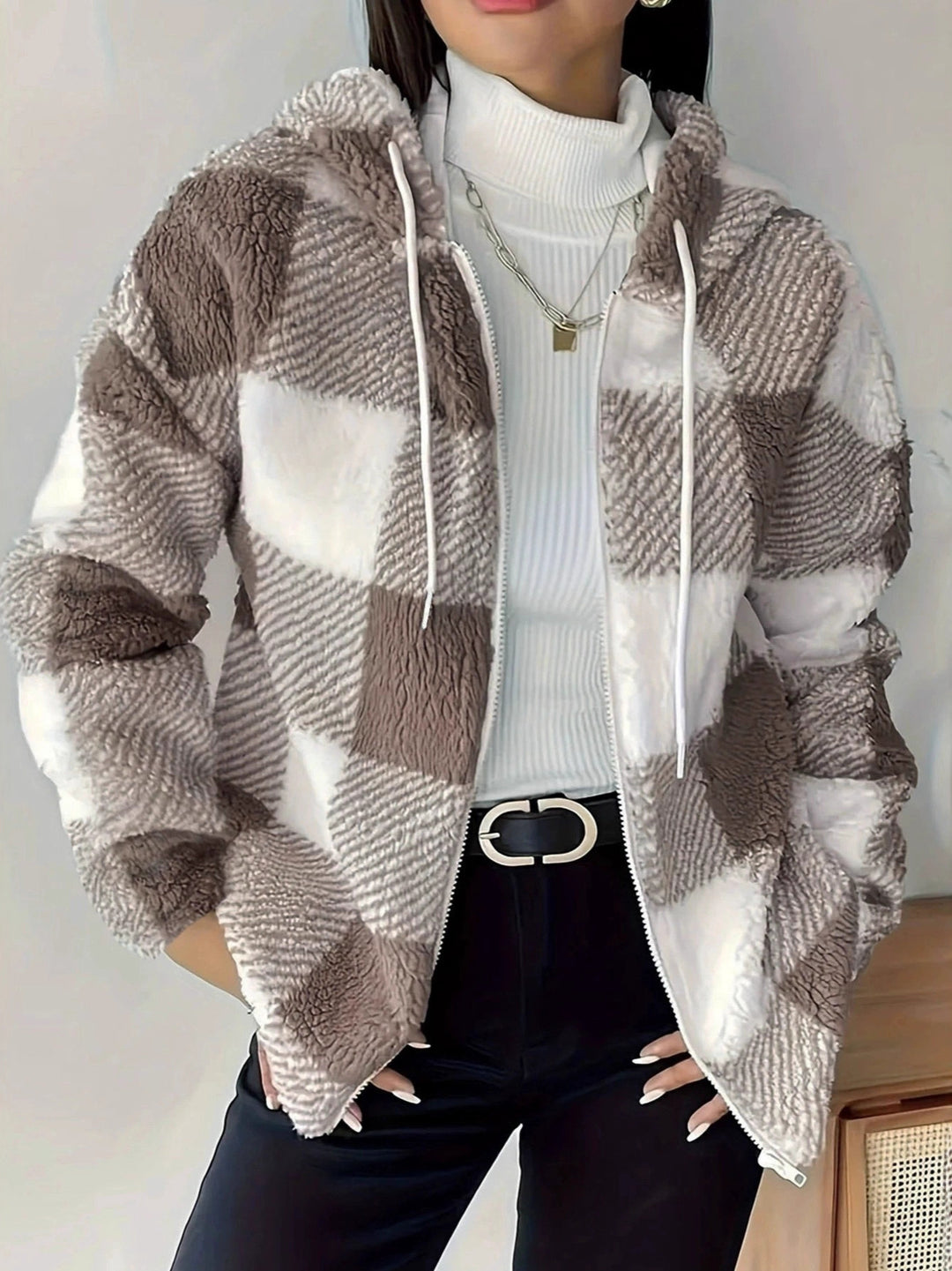 Drune | Kariert Teddy Hoodie Jacke | Warm und Bequem für den Winter