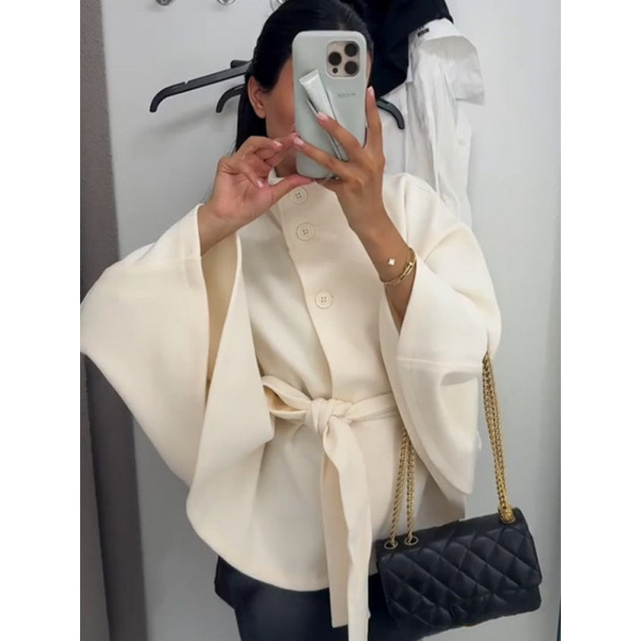 Damen elegante Cape-Jacke mit Knoten-Detail und voluminösen Ärmeln Drune