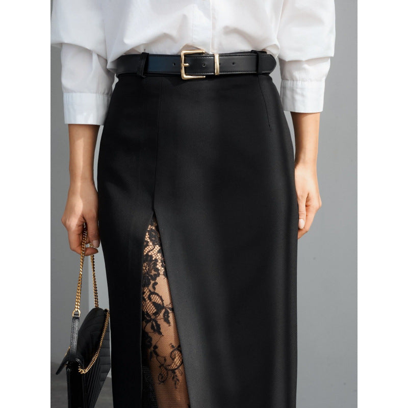 Damen Eleganter Maxirock mit transparentem Spitzeneinsatz und seitlichem Schlitz Drune