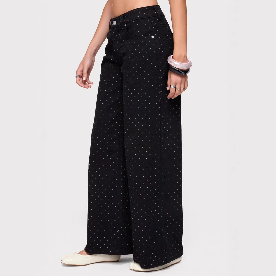 Damen nan hochgeschnittene weite Denimhose mit durchgehendem Punktmuster und klassischem Taschen-Design Drune