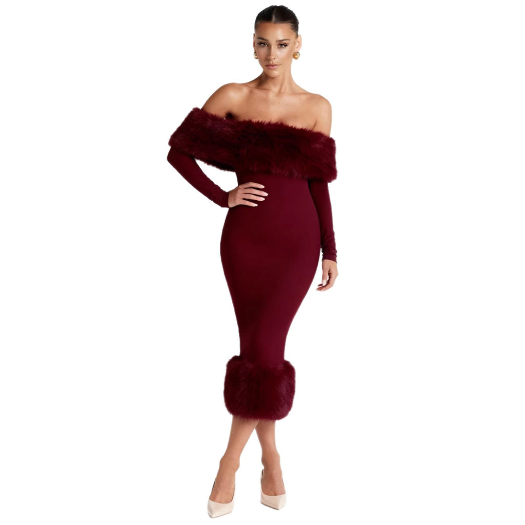 Damen Figurbetontes Kleid mit abnehmbaren Kunstfell-Akzenten Drune