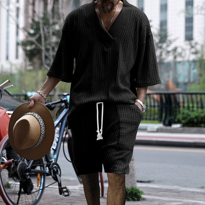 Herren nan lässiges Struktur-Strick-Set mit tiefem V-Ausschnitt kastigem Kurzarmpullover und Kordel-Shorts Drune