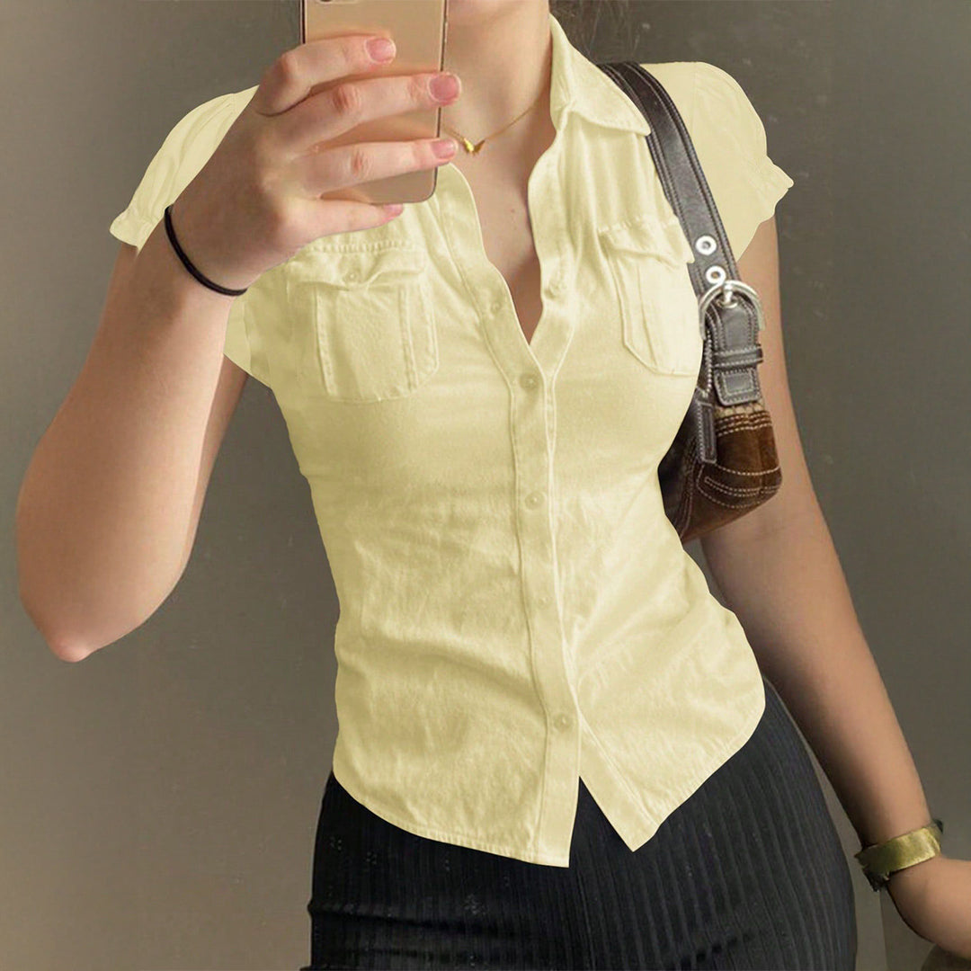 Damen Kurzarm Bluse mit Brusttaschen und taillierter Silhouette Drune