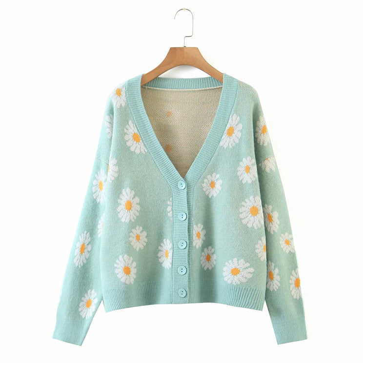 Damen Strickjacke mit Blumenmuster und V-Ausschnitt Drune