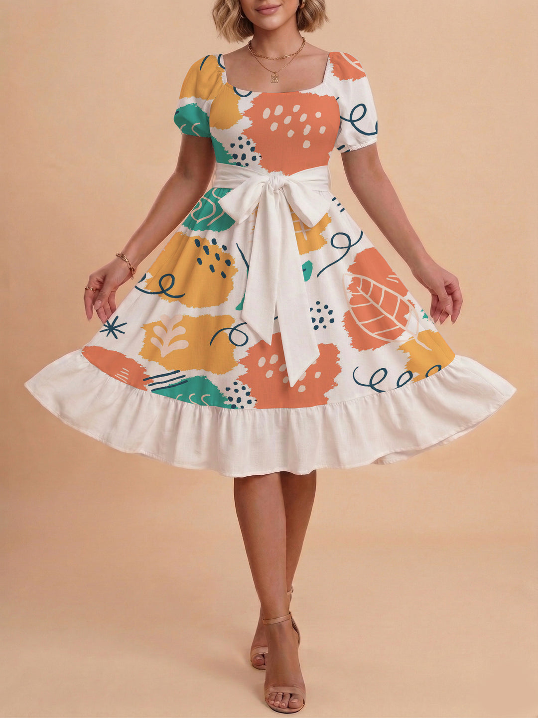 Damen Sommerkleid mit floralem Puffärmel und taillierbarem Gürtel Drune