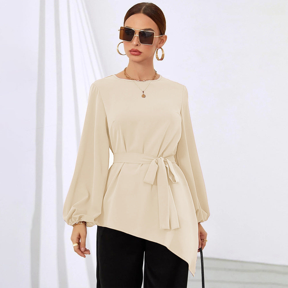 Damen asymmetrisches Blusenoberteil mit eleganten Rüschen und modischem Taillengürtel Drune