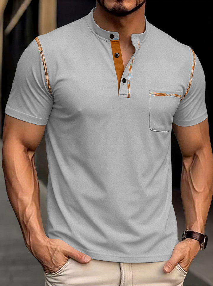 Herren nan modernes Kurzarm-Henley mit Stehkragen, Kontrastnähten und aufgesetzter Brusttasche Drune