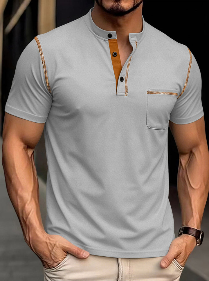 Herren nan modernes Kurzarm-Henley mit Stehkragen, Kontrastnähten und aufgesetzter Brusttasche Drune