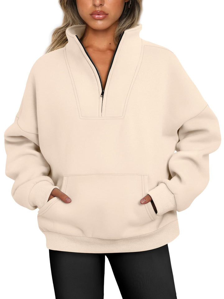 Damen lässiger Pullover mit hohem Kragen und praktischer Kängurutasche Drune