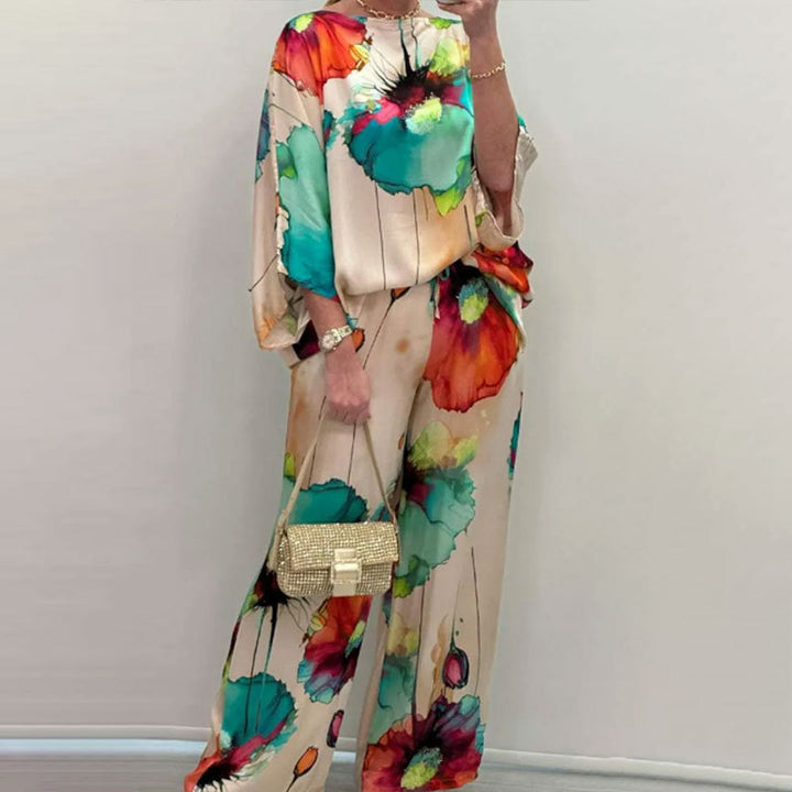 Damen Zweiteiler mit künstlerischem Print und weiten Ärmeln Drune