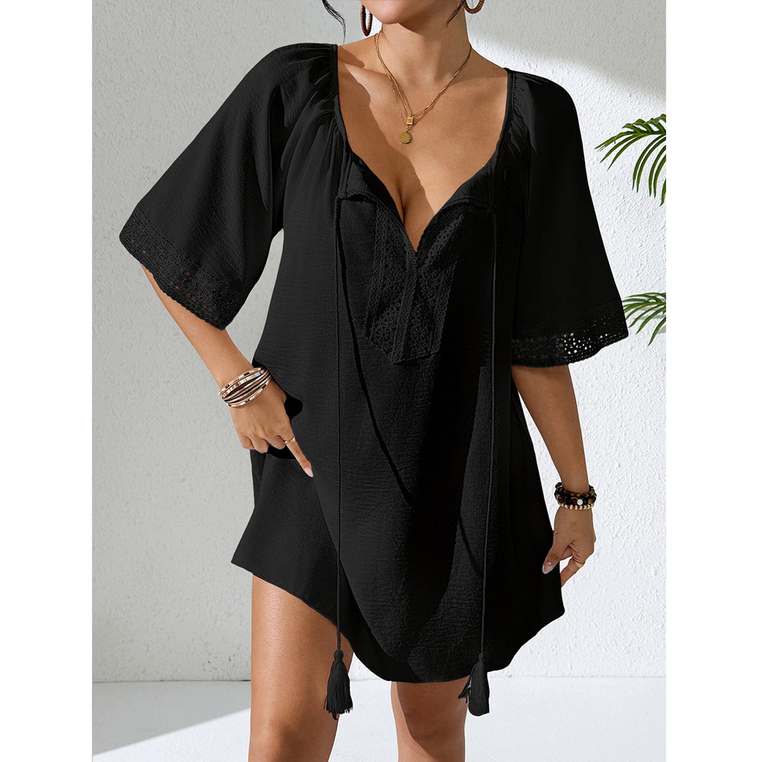 Damen Häkelstrandkleid mit elegantem V-Ausschnitt und luftigen Ärmeln Drune