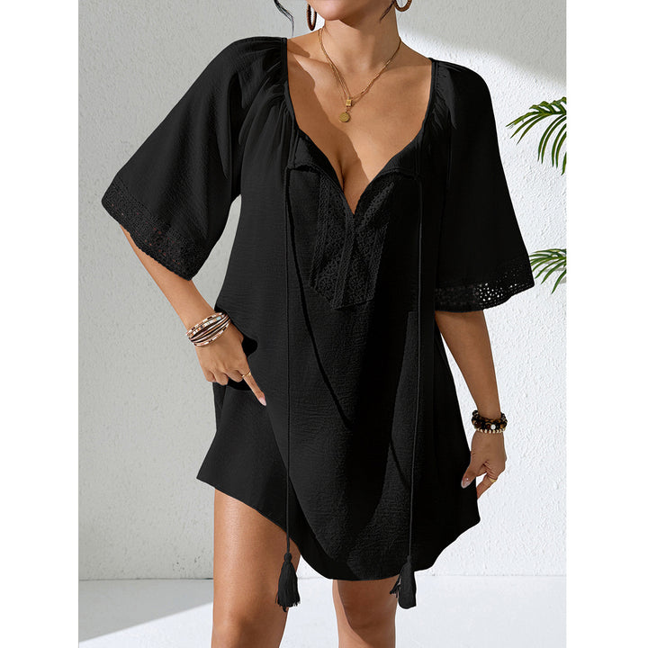 Damen Häkelstrandkleid mit elegantem V-Ausschnitt und luftigen Ärmeln Drune