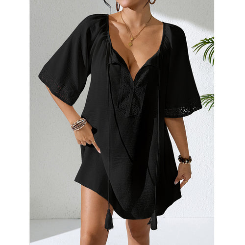 Damen Häkelstrandkleid mit elegantem V-Ausschnitt und luftigen Ärmeln Drune