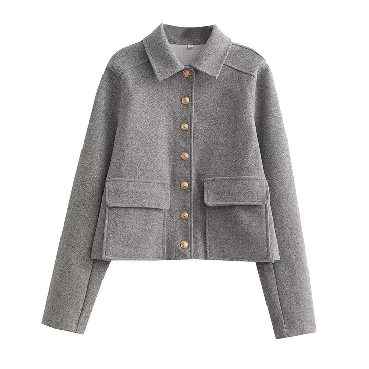 Damen modische Kurzjacke aus strukturiertem Wollmaterial mit praktischen Pattentaschen Drune