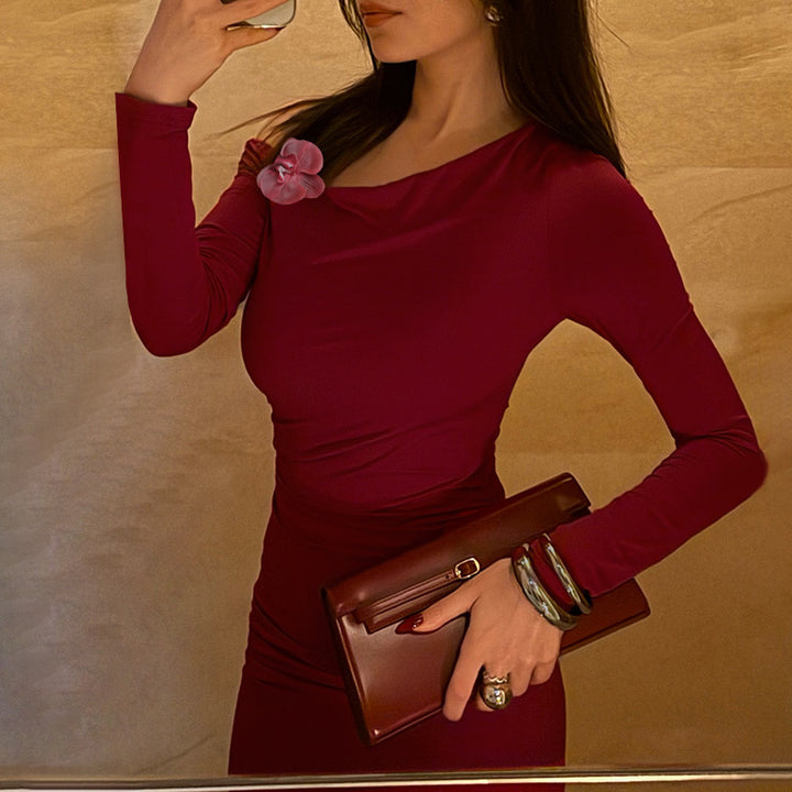 Damen elegantes langärmeliges Abendkleid mit asymmetrischem Ausschnitt und figurformendem Design Drune
