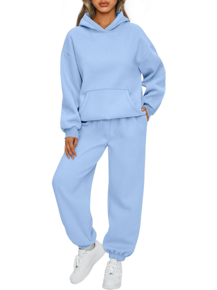Damen nan gemütliches French-Terry Loungewear-Set mit doppellagiger Kapuze, Kängurutasche und elastischem Knöchel-Jogger Drune