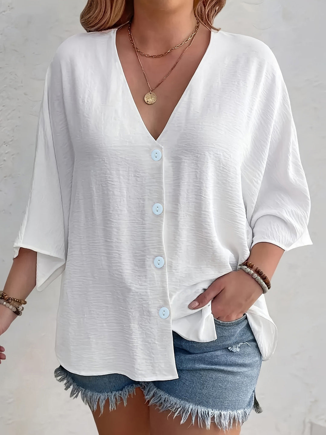 Damen Viskose Oversize-Bluse mit V-Ausschnitt und Knopfdetails Drune