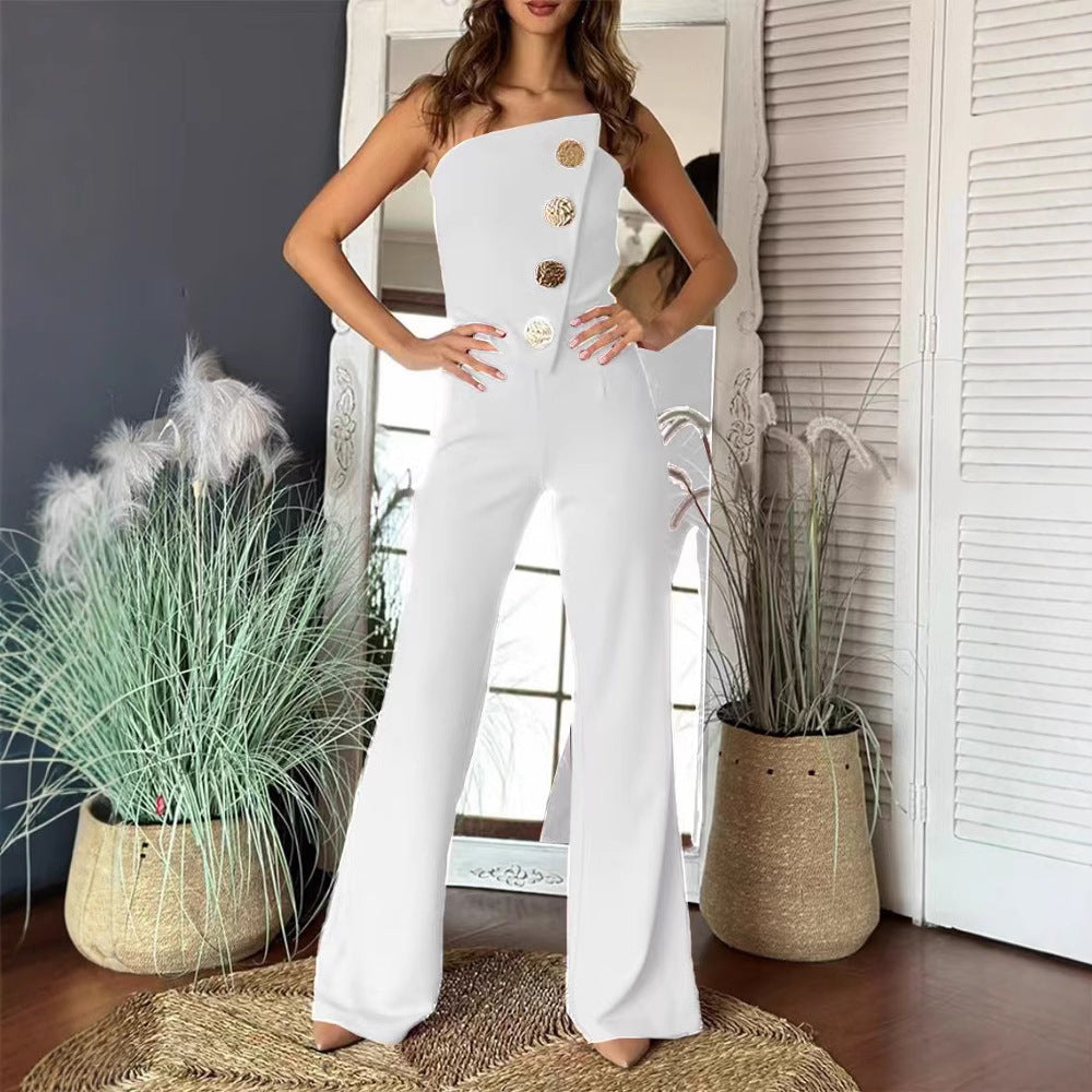 Damen Eleganter Jumpsuit mit schulterfreien Design und dekorativen Knöpfen Drune
