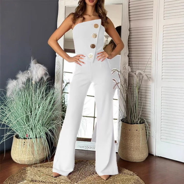 Damen Eleganter Jumpsuit mit schulterfreien Design und dekorativen Knöpfen Drune