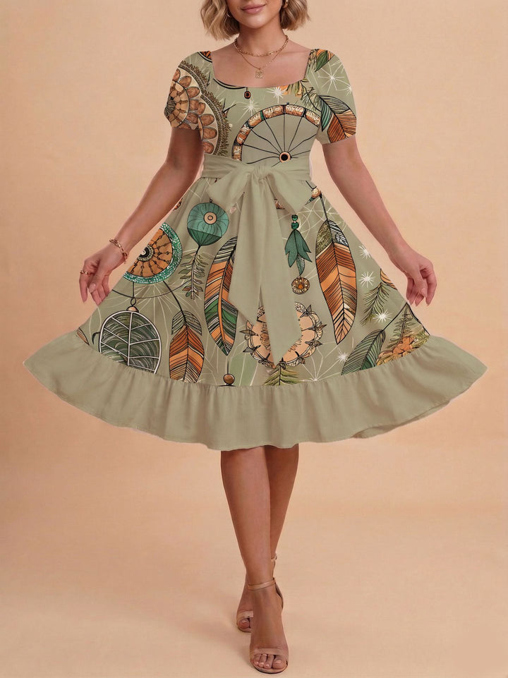 Damen Midikleid mit verspieltem Druck und tailliertem Schnitt Drune