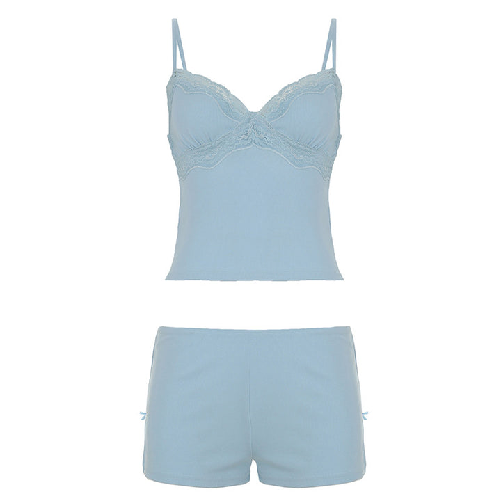 Damen Nachtwäsche Set mit zarter Spitze und bequemen Shorts Drune
