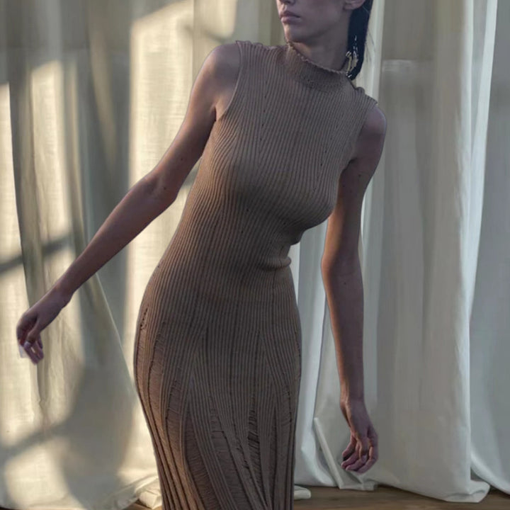 Damen Elegantes Maxikleid mit hochgeschlossenem Hals und raffiniertem Rippdesign Drune