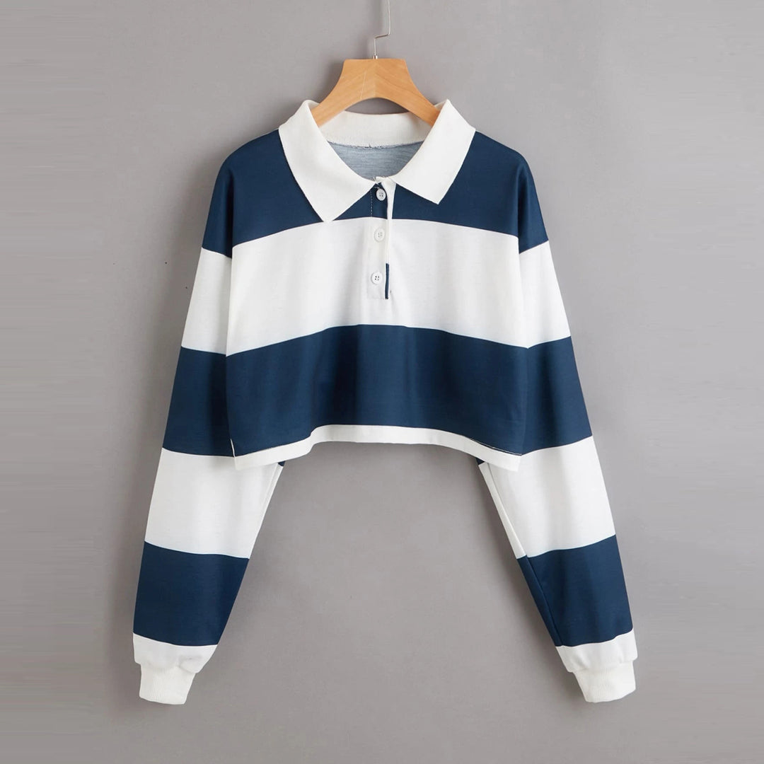 Damen Kurzarm-Polo-Sweater mit bunten Streifen Drune