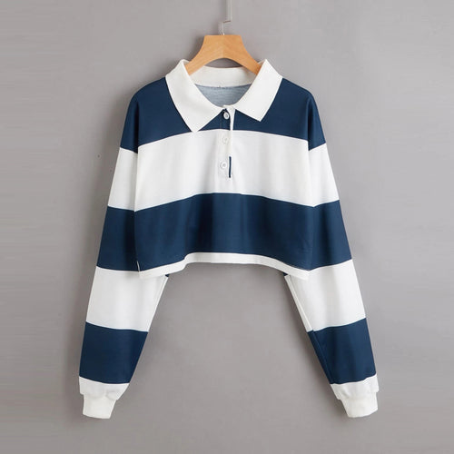 Damen Kurzarm-Polo-Sweater mit bunten Streifen Drune