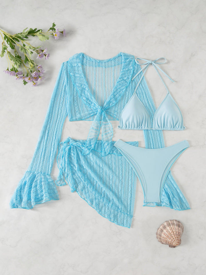 Damen Beachwear-Set mit eleganter Spitzenjacke und klassischem Bikini Drune