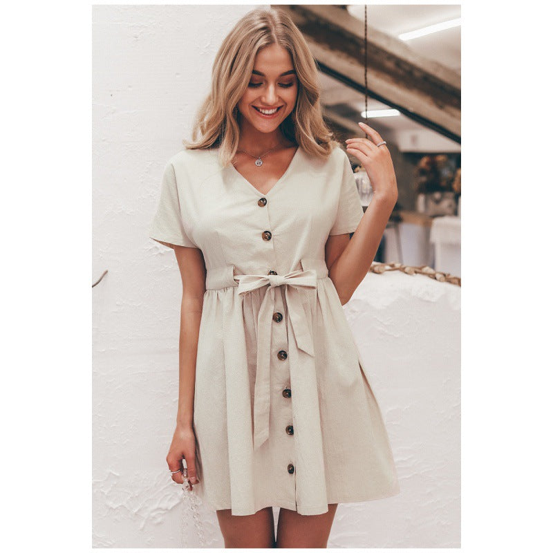 Damen Knopf-leichtes Sommerkleid mit Taillengürtel Drune
