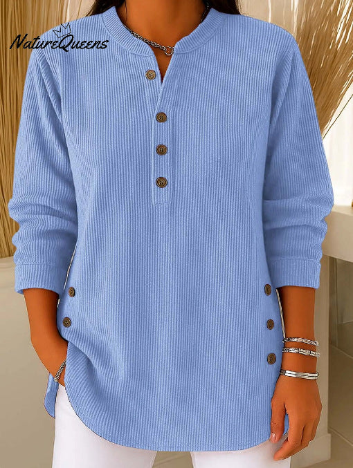 Damen Langarmshirt mit Knopfleiste und modernen Seitenknopfdetails Drune