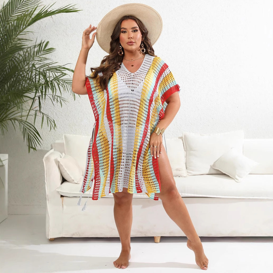 Damen luftiger Häkel-Strandponcho mit modischen Fransen Drune