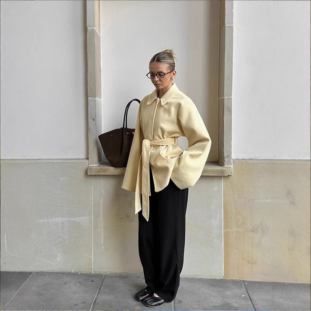 Damen Oversized-Lederjacke mit breitem Revers und Taillengürtel Drune
