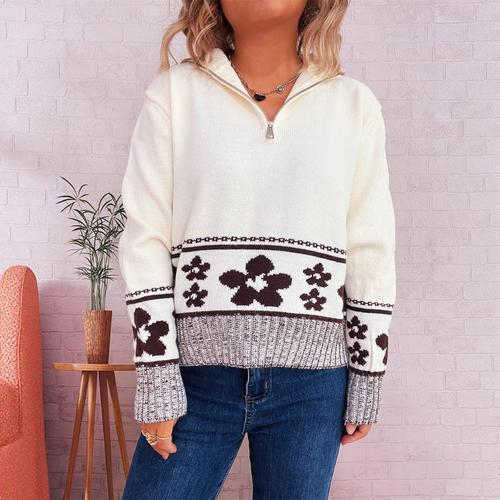 Damen Grobstrickpullover mit floralen Mustern und praktischen Halbarm Drune