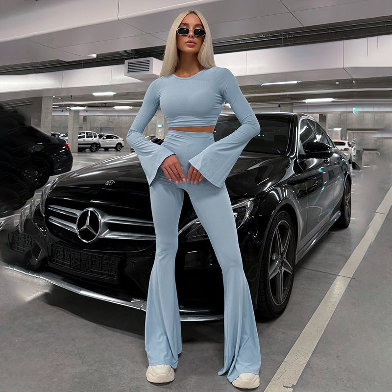 Damen lange Ärmel Crop-Top mit weit ausgestellten Hosen Drune