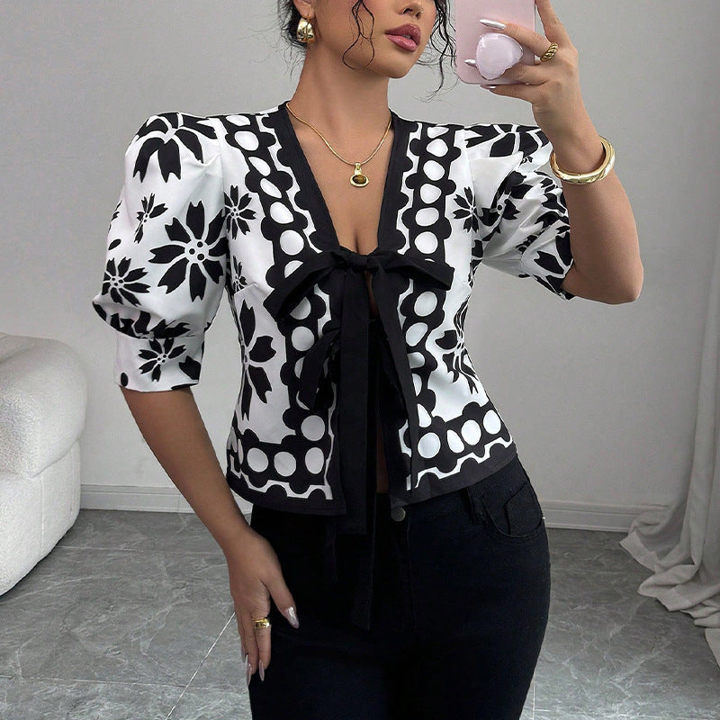 Damen Bluse mit floralem Druck und Schleifenbindung Drune
