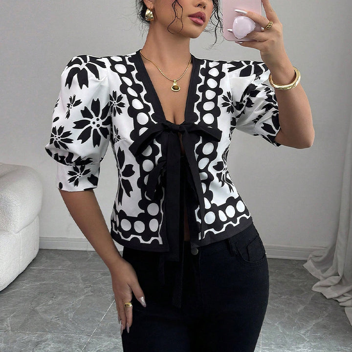 Damen Bluse mit floralem Druck und Schleifenbindung Drune