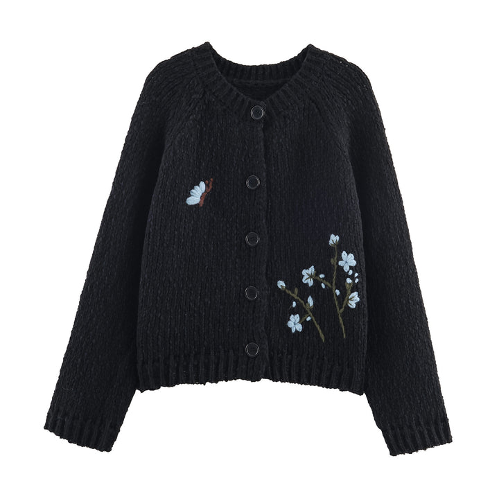Damen Strickjacke mit floralem Stickmuster und Knopfverschluss Drune