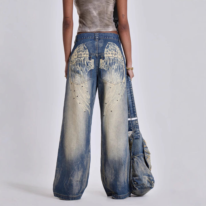 Damen weite Jeans mit kunstvollem Flügel-Design und einzigartigen Details Drune