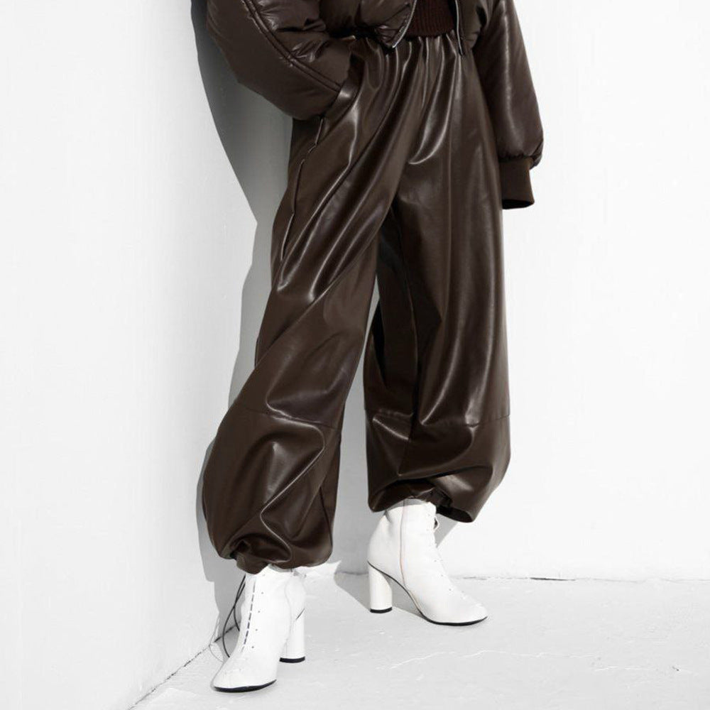 Damen Hochwertige Lederlook Hose mit elastischem Bund und weiten Beinen Drune