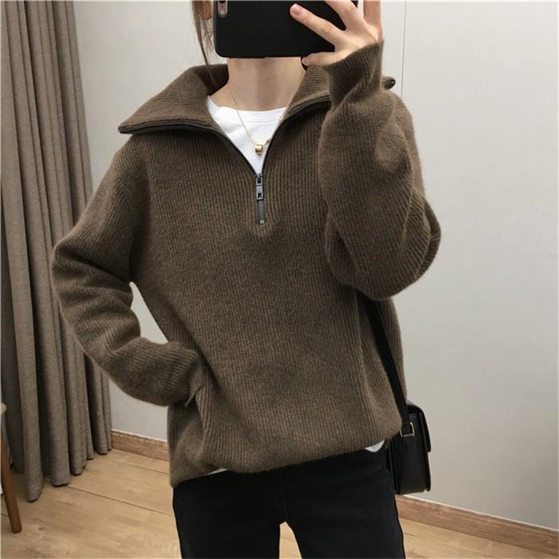 Damen Strickpullover mit hohem Kragen und halbem Reißverschluss Drune